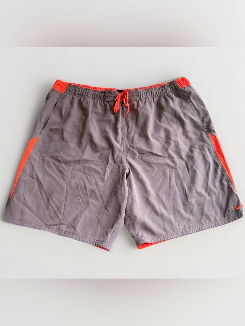 Nike Men’s XXL Swim Trunks Orange Gray Swoosh Logo Mesh Lined Pockets Drawstring
